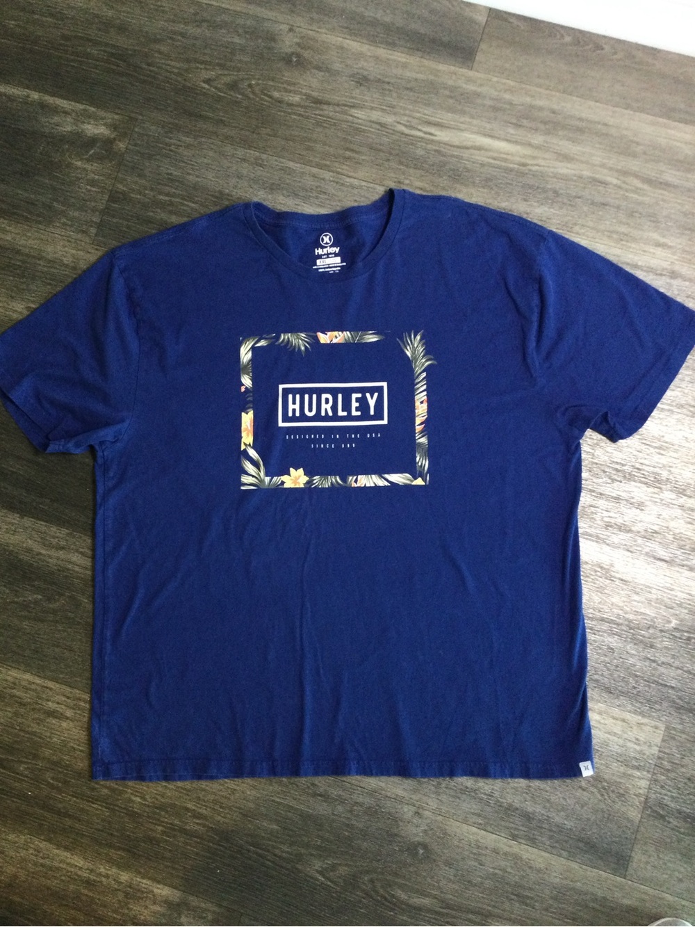 Hurley Royal Blue Short-Sleeve Logo Tee with Floral Frame